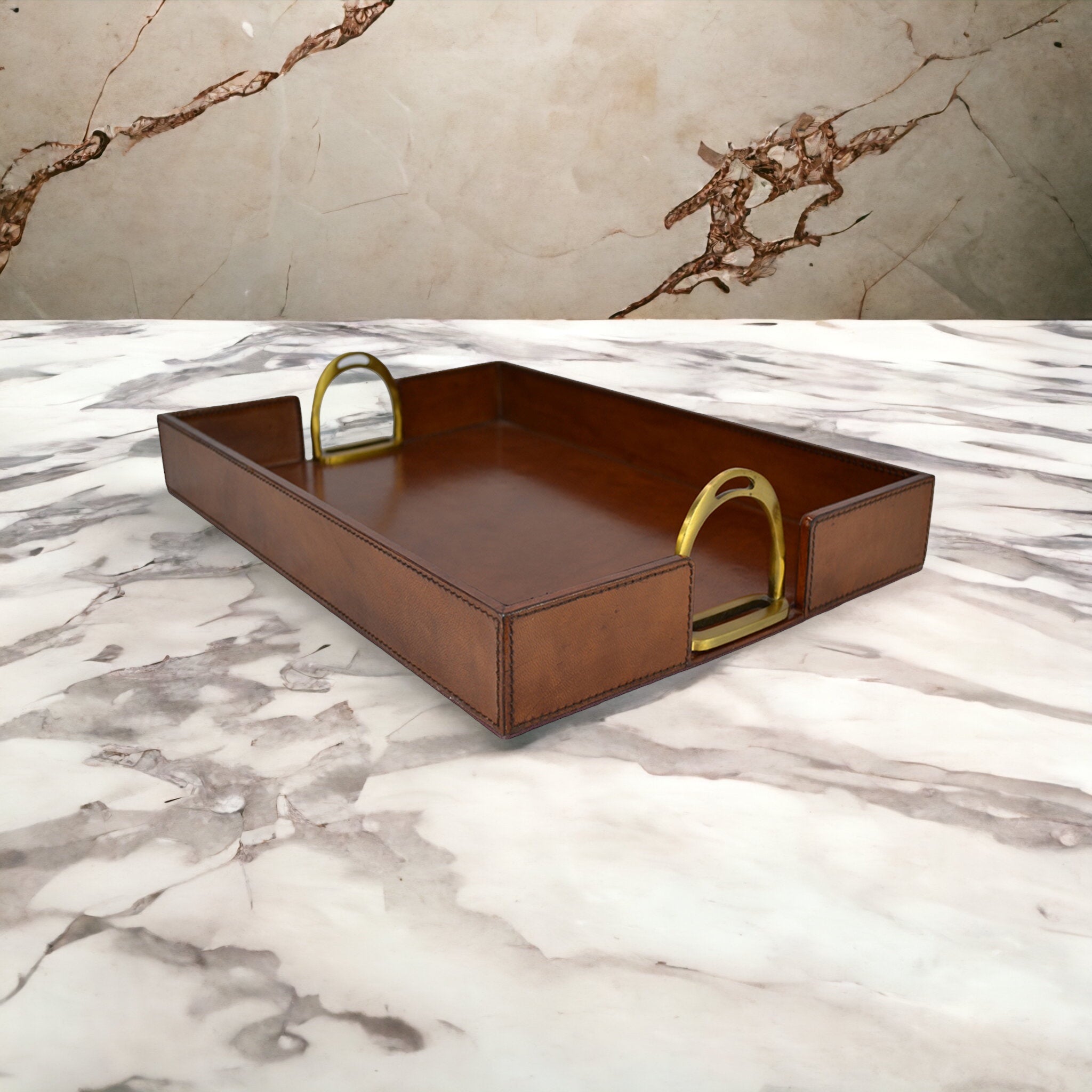 Leather Tray with Metal Stirrup Handles (Available in 3 Colors)