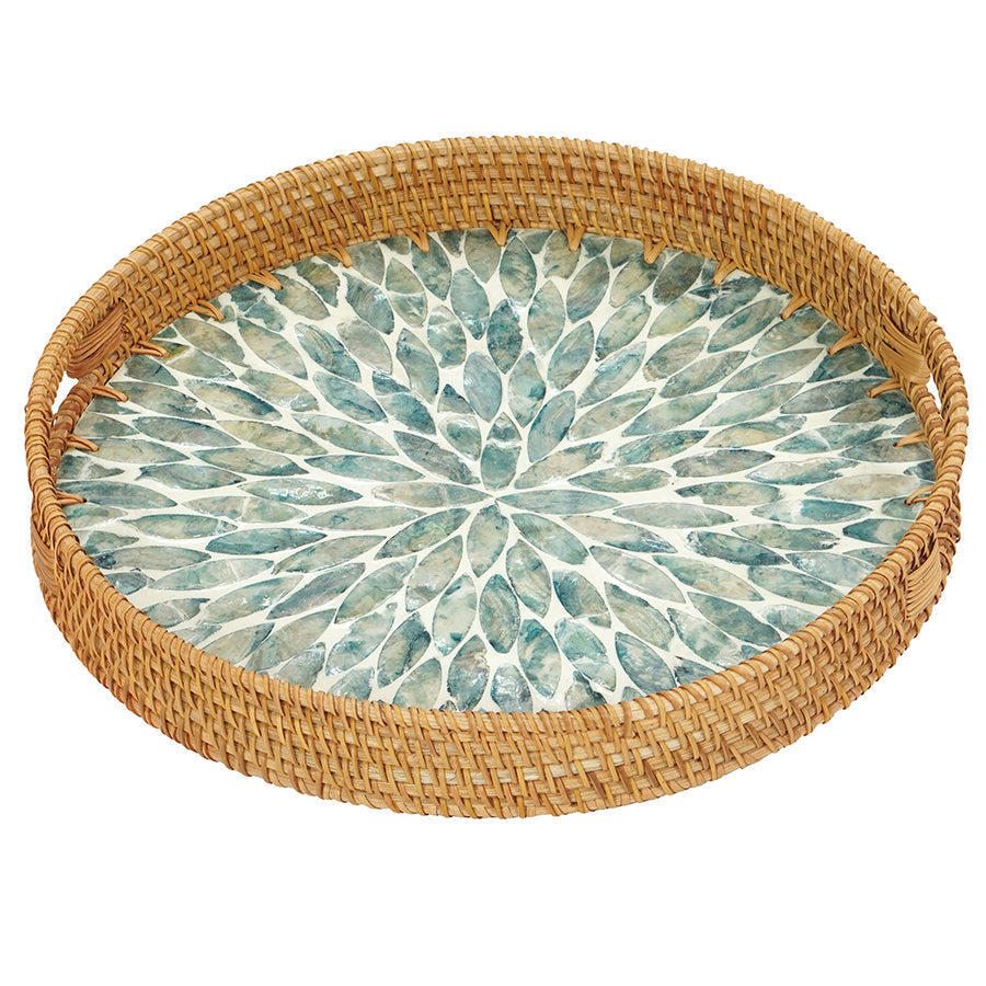 Floral Pattern Round Rattan Tray