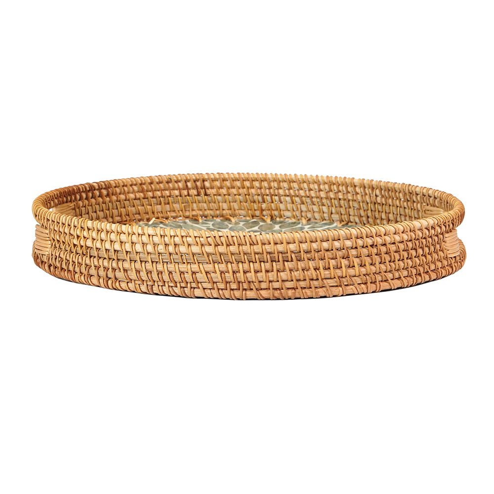 Floral Pattern Round Rattan Tray