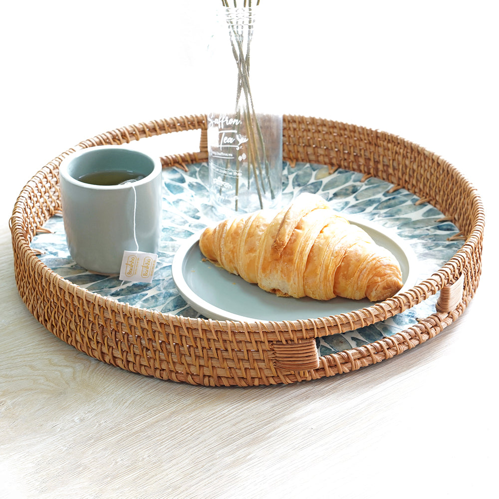 Floral Pattern Round Rattan Tray