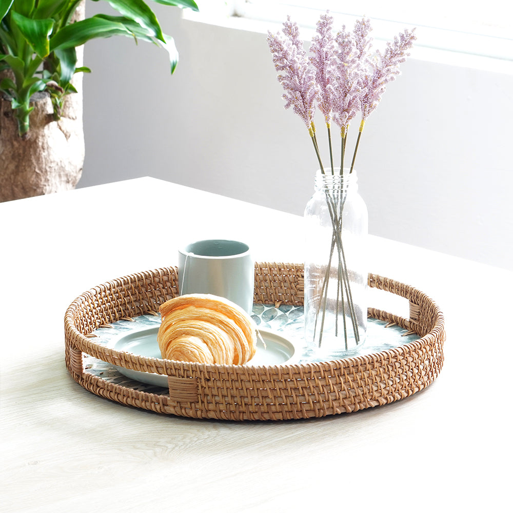 Floral Pattern Round Rattan Tray