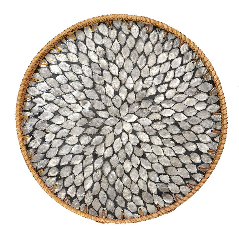 Mother Of Pearl Round Rattan Tray