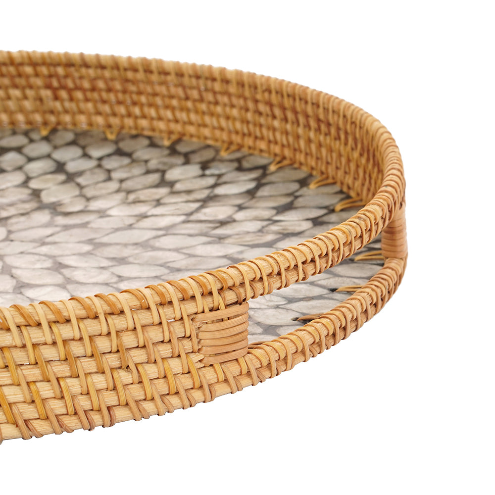 Mother Of Pearl Round Rattan Tray