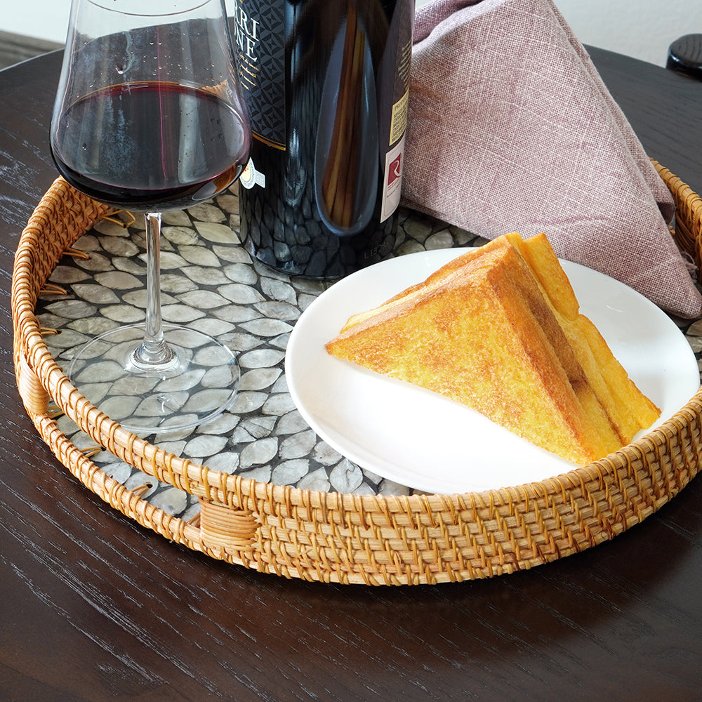 Mother Of Pearl Round Rattan Tray