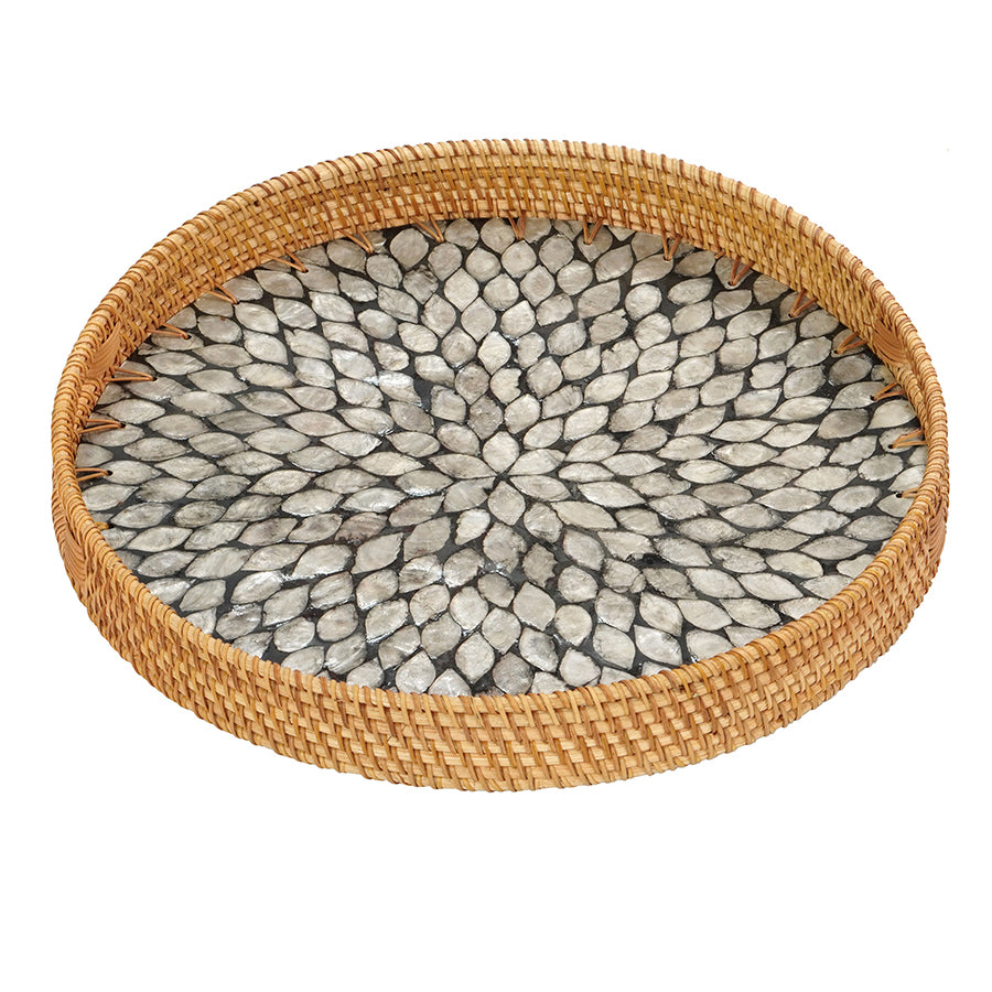 Mother Of Pearl Round Rattan Tray