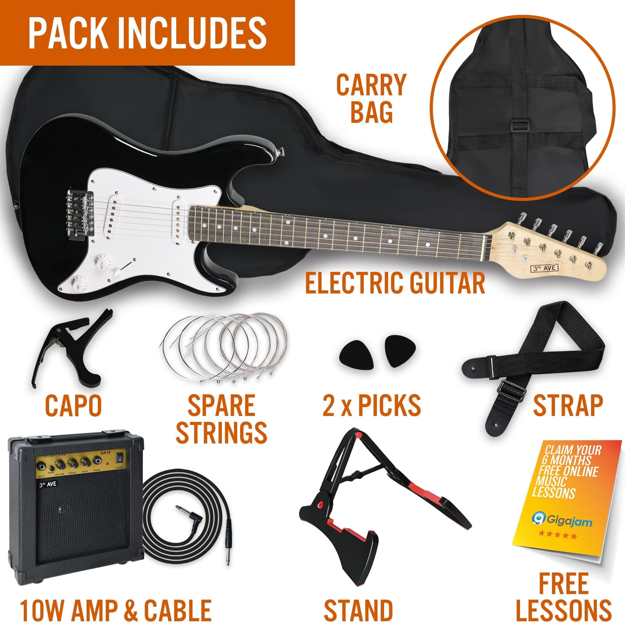 3rd Avenue 3/4 Size Electric Guitar Pack - Black