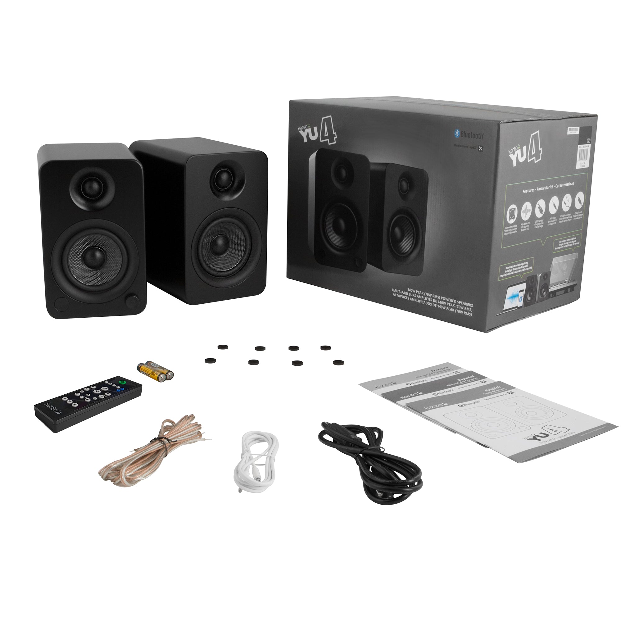 Kanto YU4 140W Powered Bookshelf Bluetooth Speakers With Phono Preamp - Pair, Matte Black