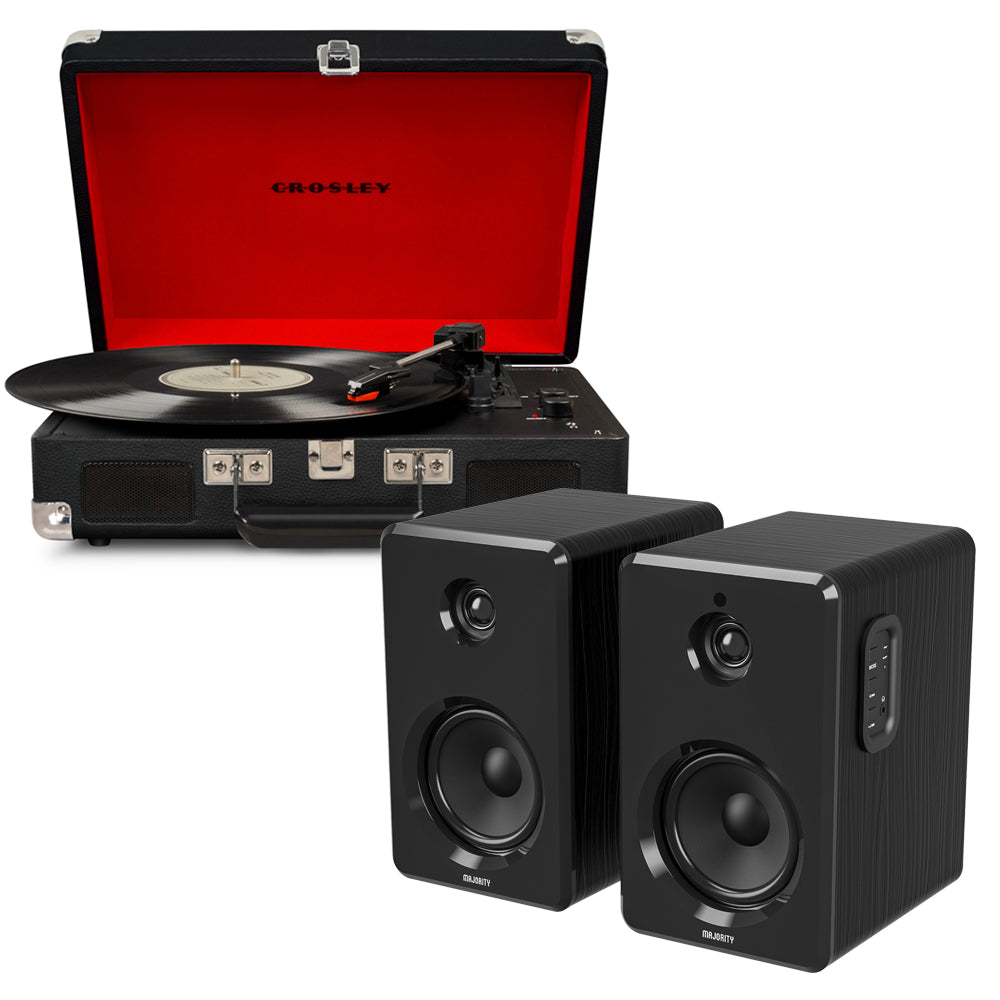 Crosley Cruiser Bluetooth Portable Turntable + Majority D40 Bluetooth Speakers - Black BUNDLED