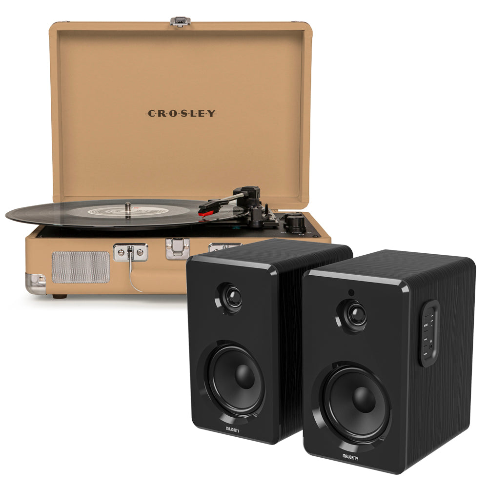 Crosley Cruiser Bluetooth Portable Turntable - Light Tan + Majority D40 Bluetooth Speakers - Black BUNDLE