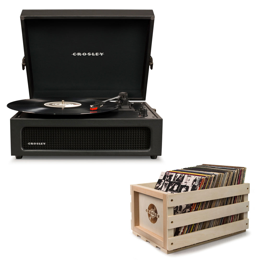 Crosley Voyager Bluetooth Portable Turntable - Black + Record Storage Crate BUNDLE