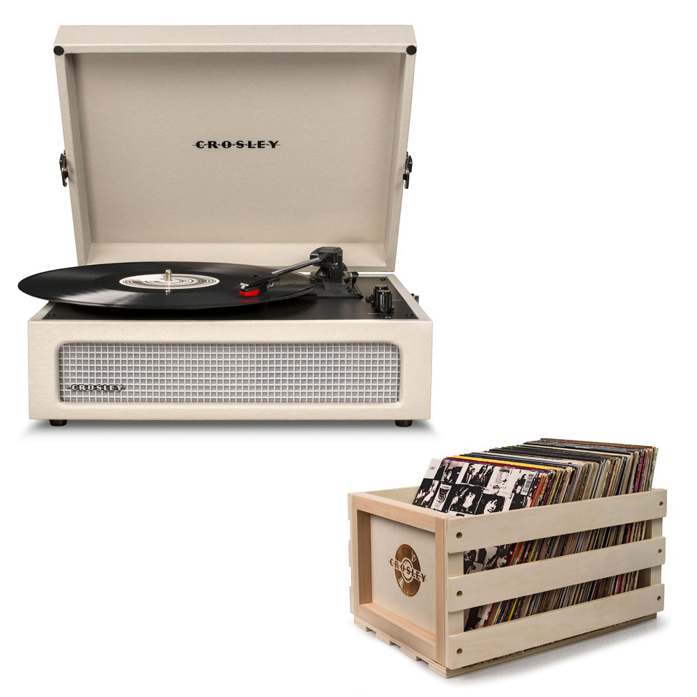 Crosley Voyager Bluetooth Portable Turntable - Dune + Record Storage Crate BUNDLE