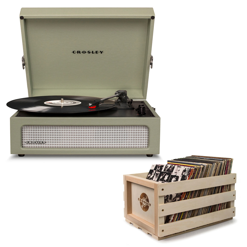 Crosley Voyager Bluetooth Portable Turntable - Sage + Record Storage Crate BUNDLE