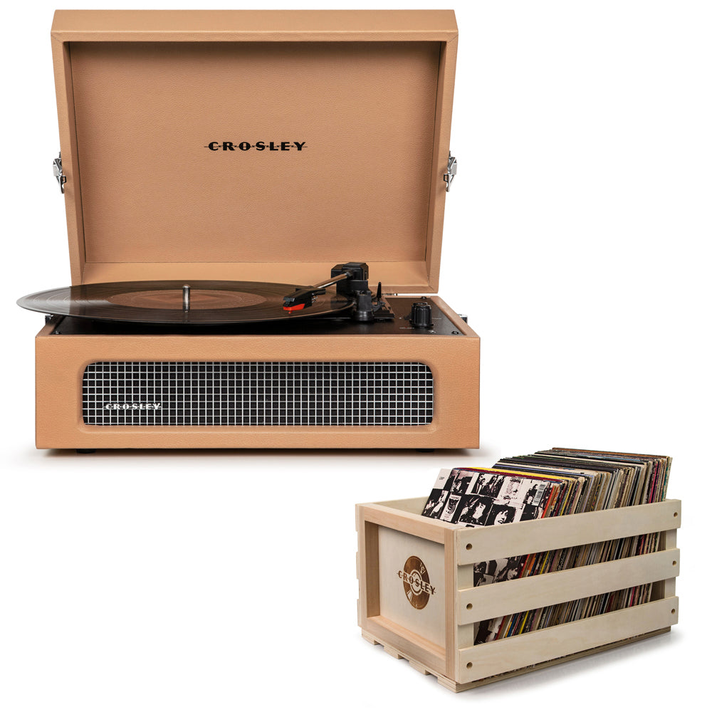 Crosley Voyager Bluetooth Portable Turntable - Tan + Record Storage Crate BUNDLE