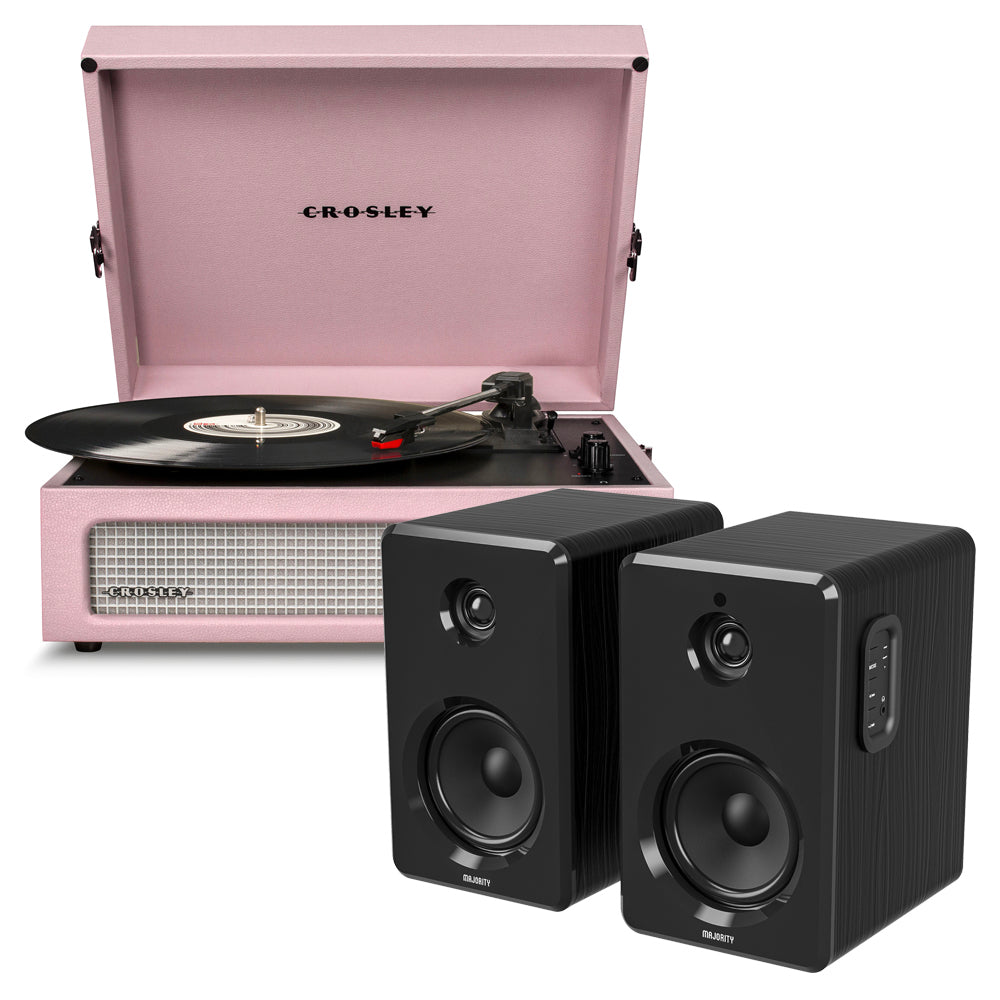 Crosley Voyager Bluetooth Portable Turntable - Amethyst + Majority D40 Bluetooth Speakers - Black -Bundle