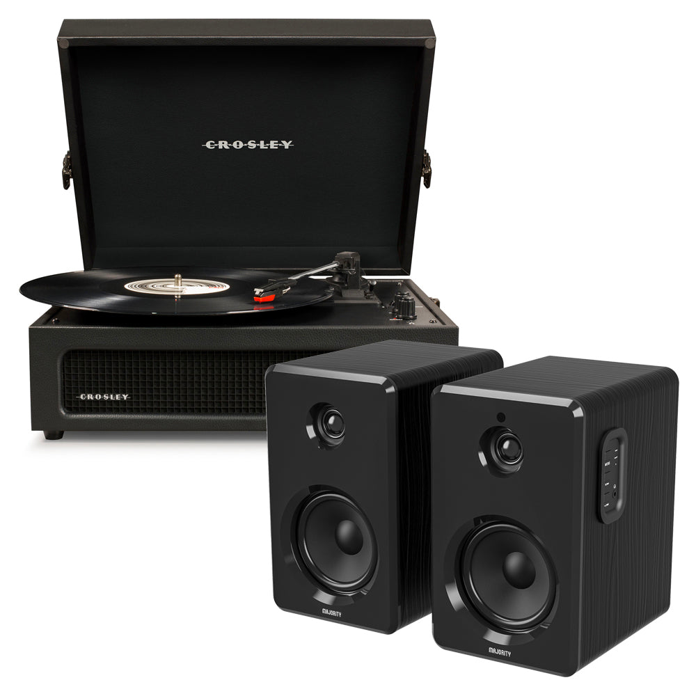 Crosley Voyager Bluetooth Portable Turntable + Majority D40 Bluetooth Speakers - Black BUNDLE