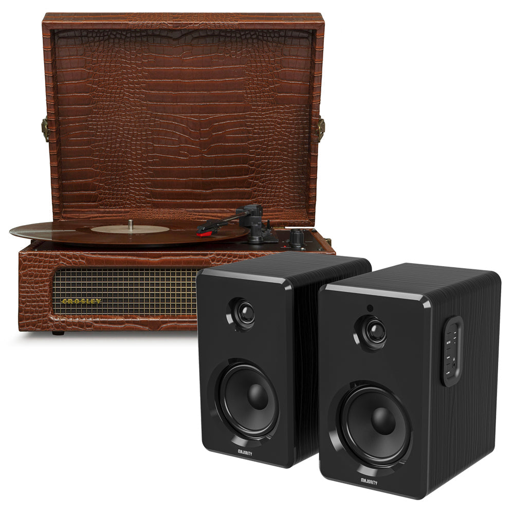 Crosley Voyager Bluetooth Portable Turntable - Brown Croc + Majority D40 Bluetooth Speakers - Black BUNDLE