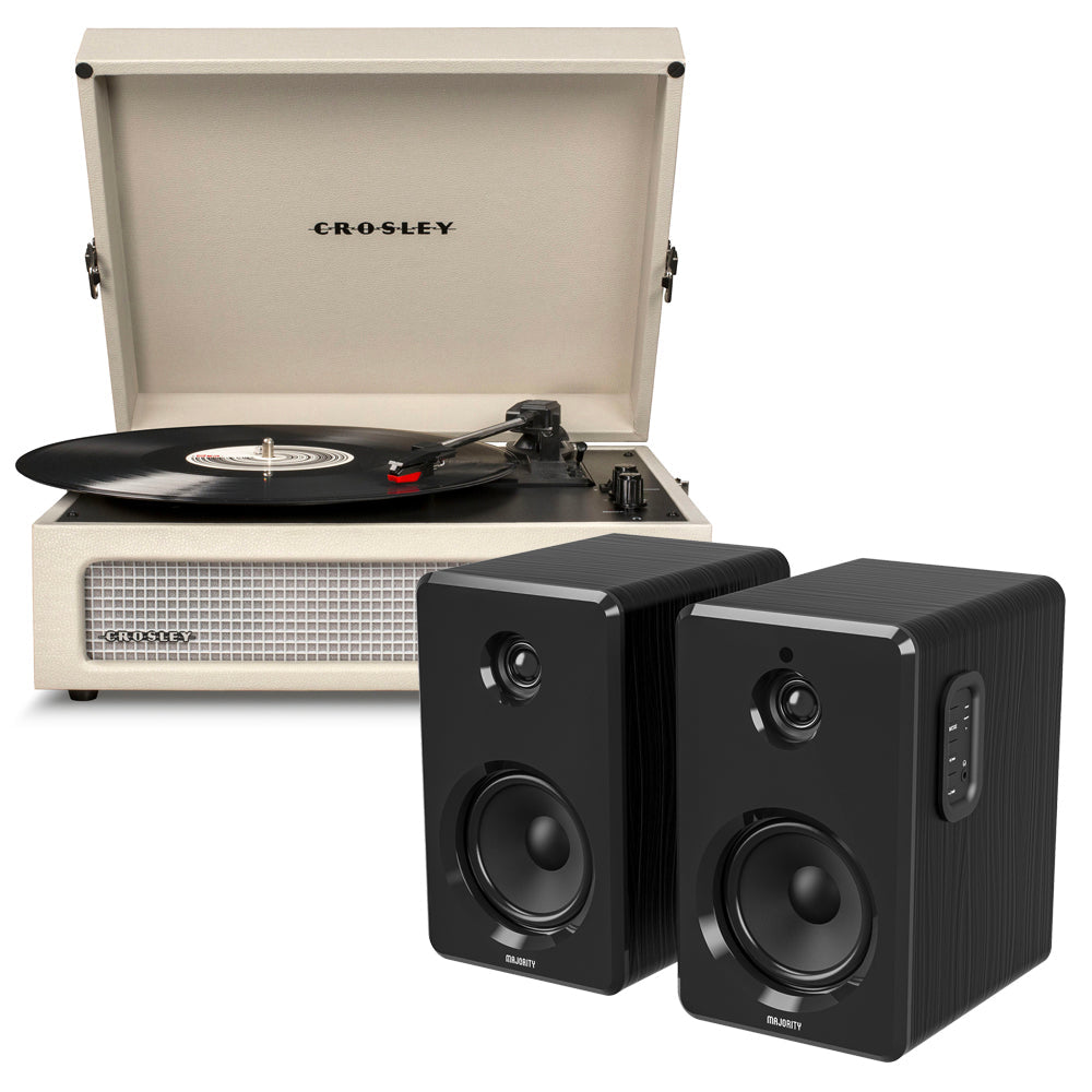 Crosley Voyager Bluetooth Portable Turntable - Dune + Majority D40 Bluetooth Speakers - Black BUNDLE