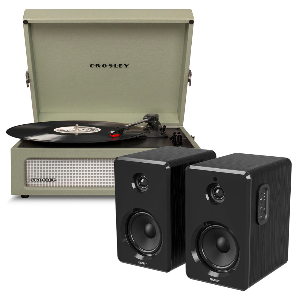 Crosley Voyager Bluetooth Portable Turntable - Sage + Majority D40 Bluetooth Speakers - Black BUNDLE