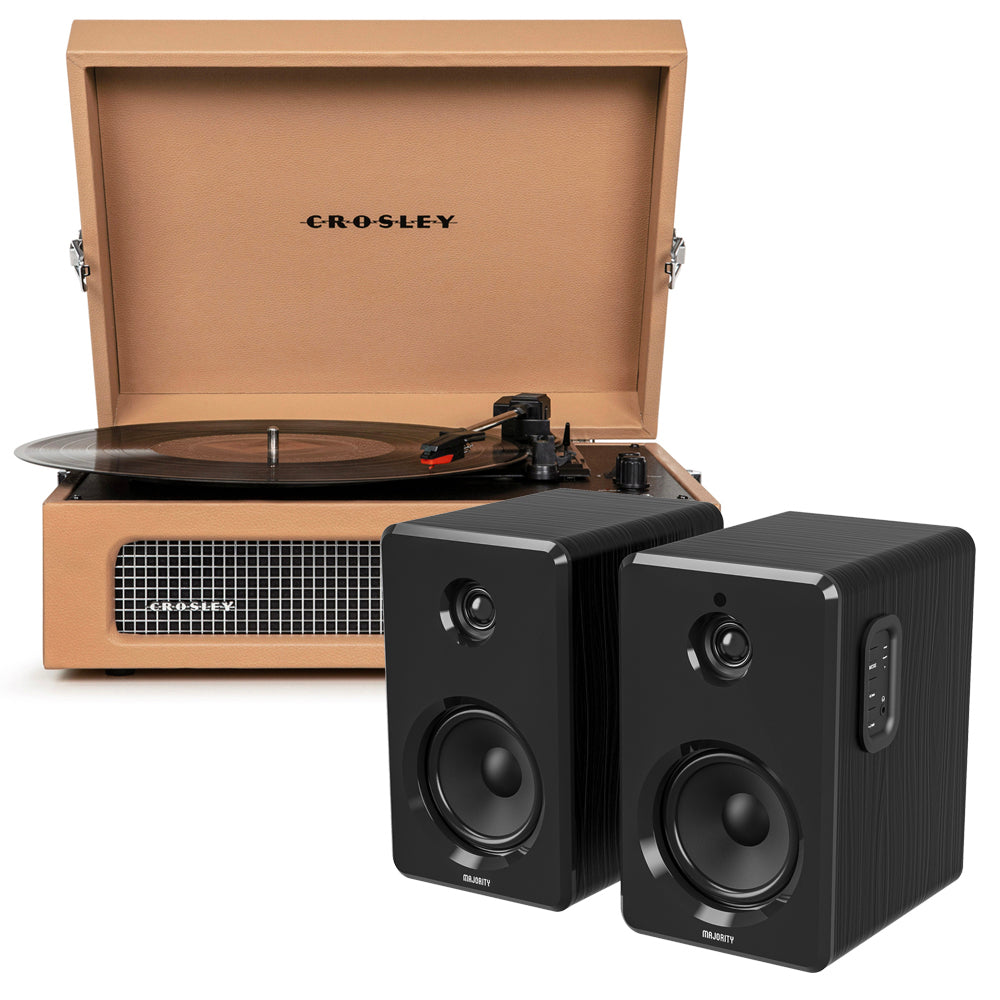 Crosley Voyager Bluetooth Portable Turntable - Tan + Majority D40 Bluetooth Speakers - Black BUNDLE