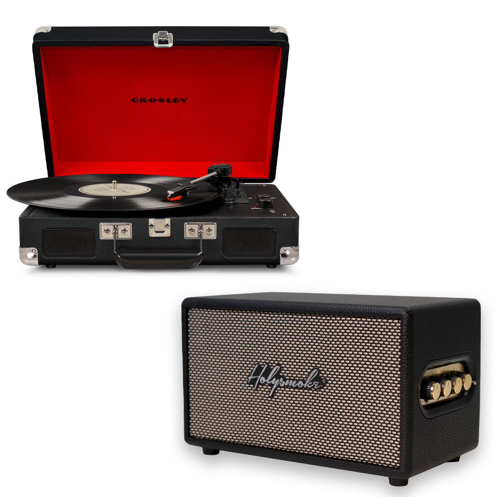 Crosley Cruiser Bluetooth Portable Turntable - Black + HolySmoke Bluetooth Retro Speaker - Black - BUNDLE