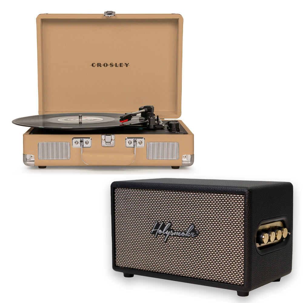 Crosley Cruiser Bluetooth Portable Turntable - Light Tan + HolySmoke Bluetooth Retro Speaker - Black - BUNDLE