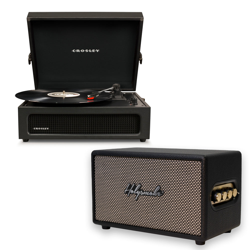 Crosley Voyager Bluetooth Portable Turntable + HolySmoke Bluetooth Speaker - Black BUNDLE