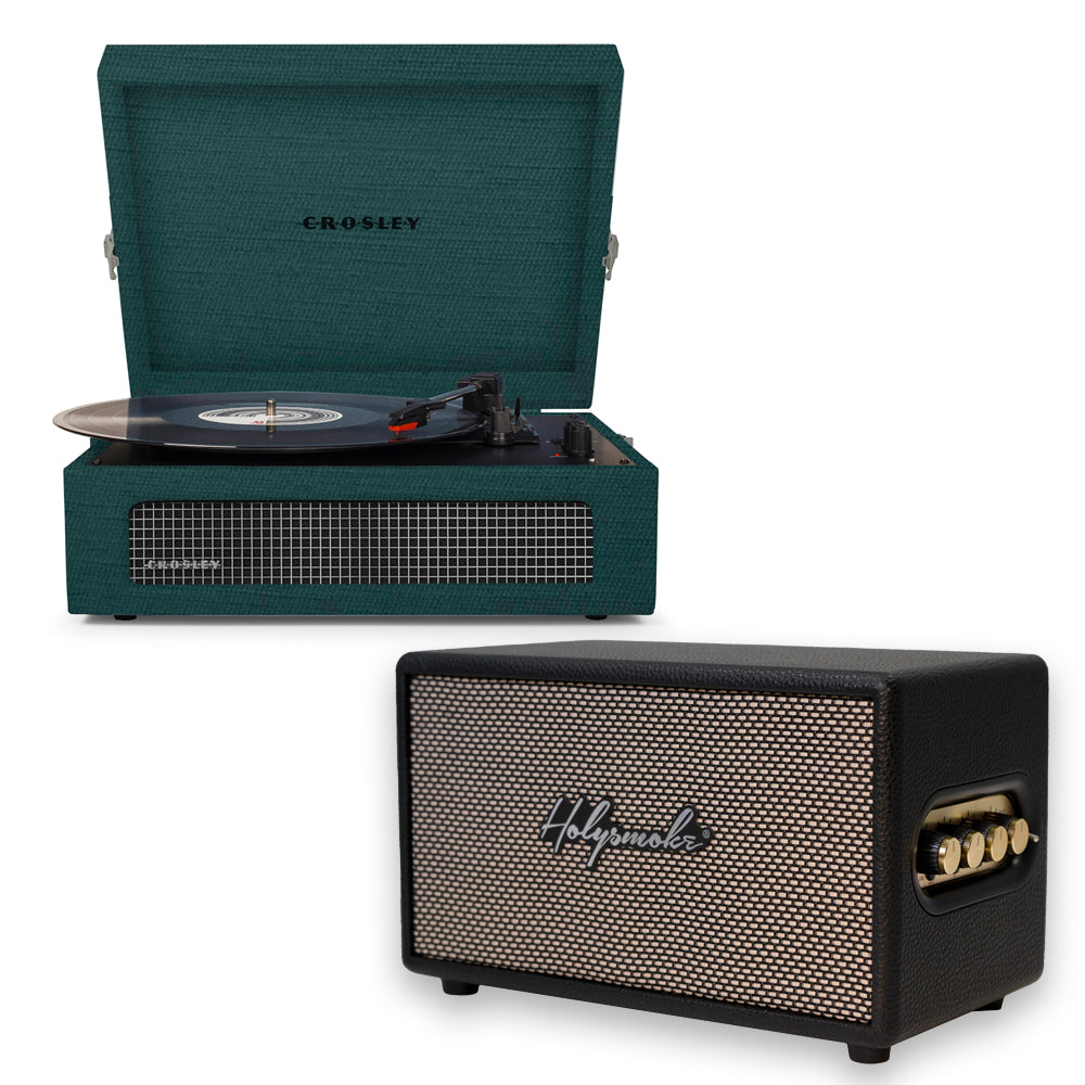 Crosley Voyager Bluetooth Portable Turntable - Dark Aegean + HolySmoke Bluetooth Retro Speaker - Black BUNDLE