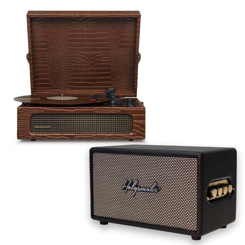 Crosley Voyager Bluetooth Portable Turntable - Brown Croc + HolySmoke Bluetooth Speaker - Black BUNDLE