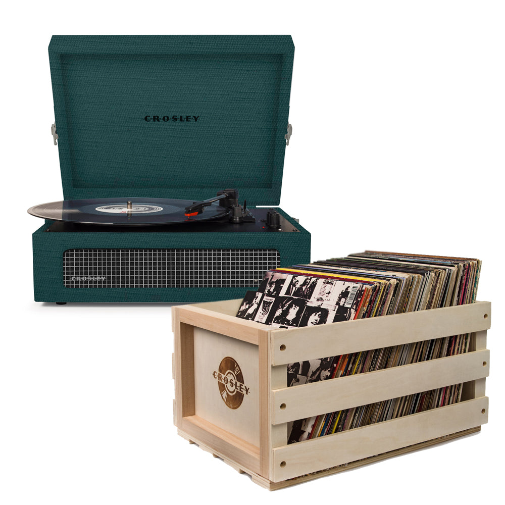 Crosley Voyager Bluetooth Portable Turntable - Dark Aegean + Record Storage Crate BUNDLE