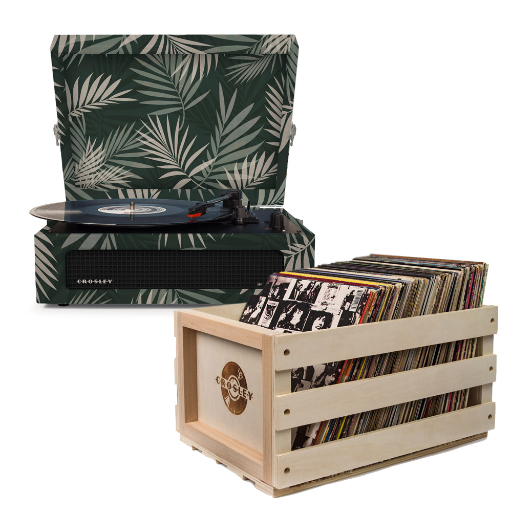 Crosley Voyager Bluetooth Portable Turntable - Botanical + Record Storage Crate BUNDLE