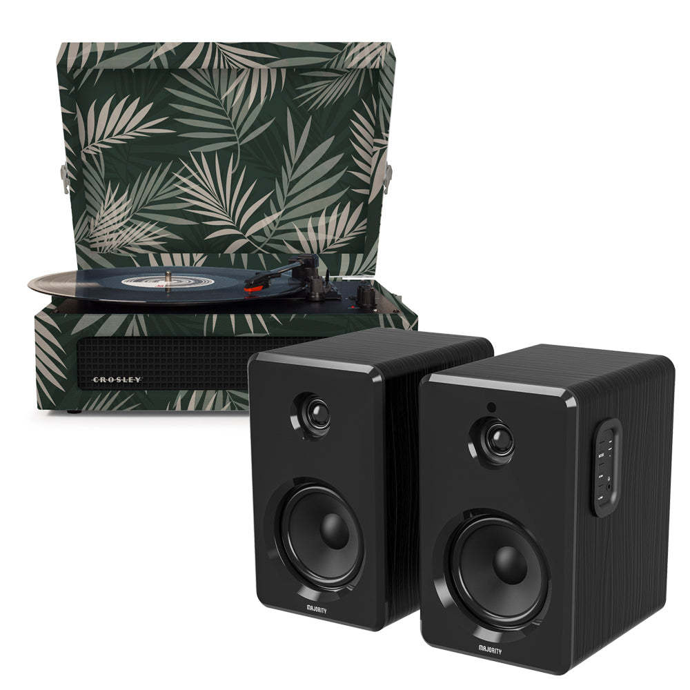 Crosley Voyager Bluetooth Portable Turntable - Botanical + Majority D40 Bluetooth Speakers - Black BUNDLE