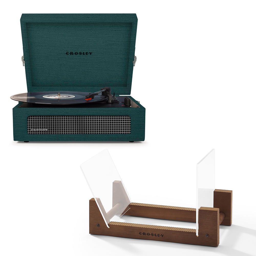 Crosley Voyager Bluetooth Portable Turntable - Dark Aegean + Crosley Record Display Stand BUNDLE