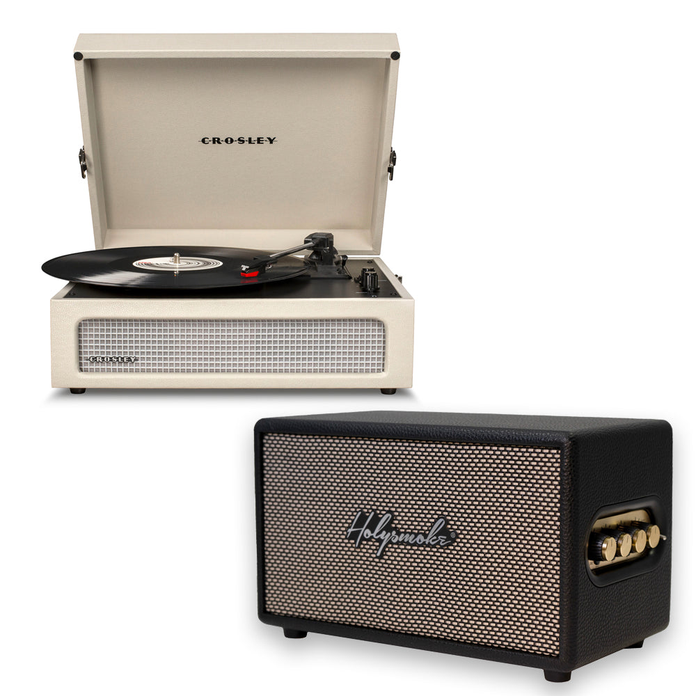 Crosley Voyager Bluetooth Portable Turntable - Dune + HolySmoke Bluetooth Speaker - Black BUNDLE