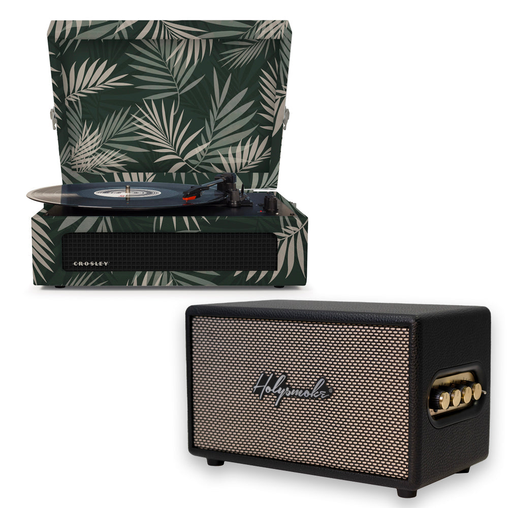 Crosley Voyager Bluetooth Portable Turntable - Botanical + HolySmoke Bluetooth Speaker - Black BUNDLE