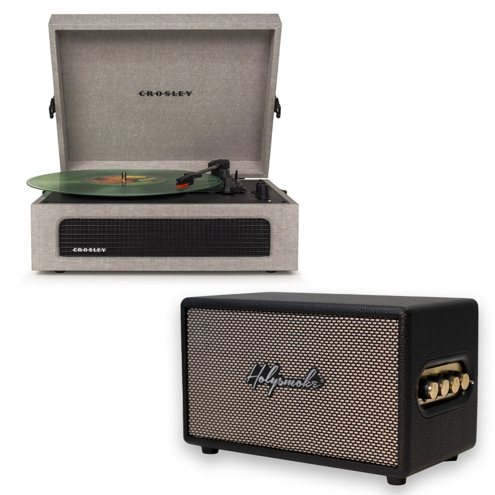 Crosley Voyager Bluetooth Portable Turntable - Grey + HolySmoke Bluetooth Speaker - Black BUNDLE