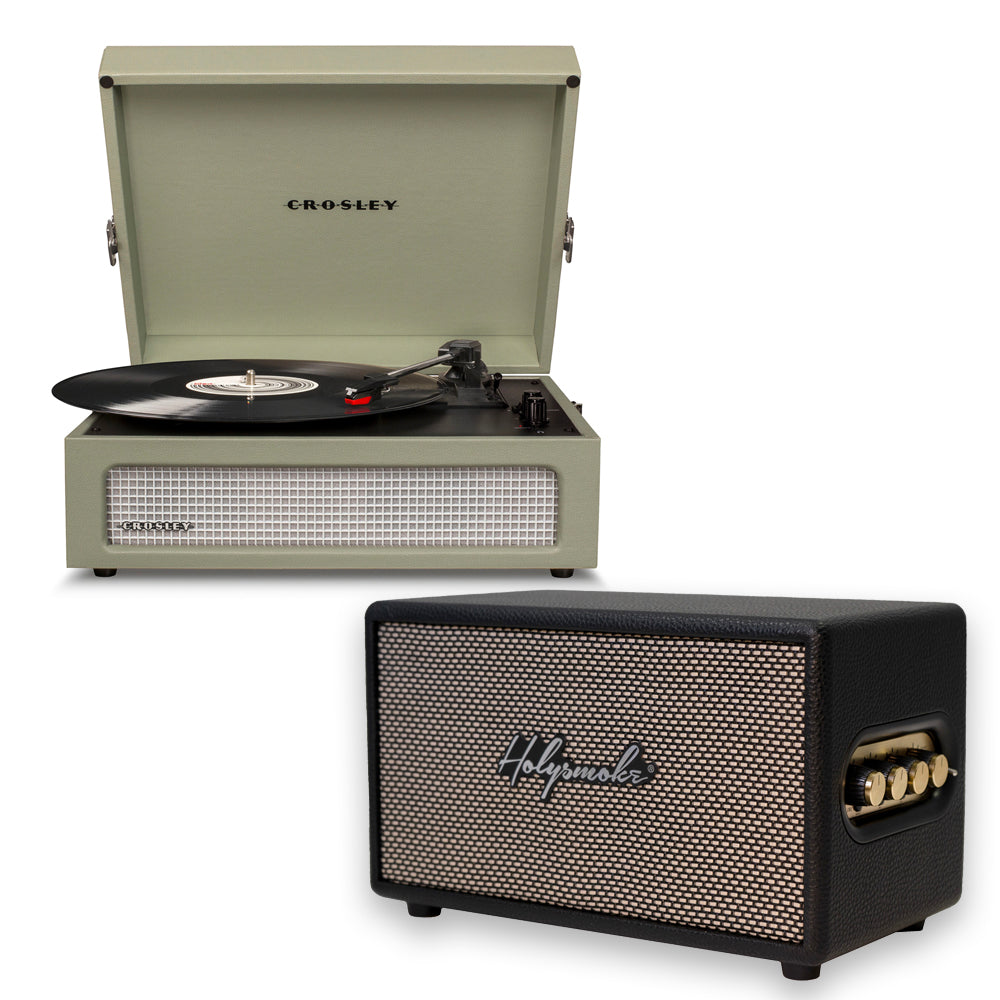 Crosley Voyager Bluetooth Portable Turntable - Sage + HolySmoke Bluetooth Speaker - Black BUNDLE