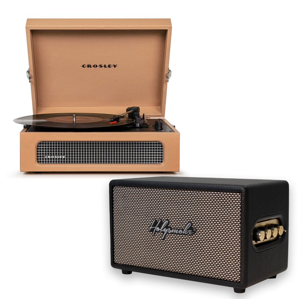 Crosley Voyager Bluetooth Portable Turntable - Tan + HolySmoke Bluetooth Retro Speaker - Black BUNDLE